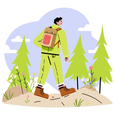 A hiker standing on a rocky trail wearing a green jacket and sturdy brown boots. The hiker has a large backpack made from sustainable materials, featuring earthy tones and patches of various textures. Surrounding the hiker are tall pine trees and scattered wildflowers, creating a natural setting. The sky above is a clear blue, with a few fluffy white clouds. Sunlight filters through the tree branches, casting dappled shadows on the ground.