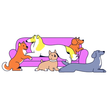 A borzoi with a long, elegant body is lounging comfortably on a plush, oversized couch. The borzoi has a silky white and golden coat with long fur, showcasing its graceful姿势. Surrounding the borzoi are several other dog breeds. Next to it is a small, fluffy pomeranian with a vibrant orange coat and a cheerful expression. On the other side, there is a sturdy bulldog with a short, fawn-colored coat, sitting with a relaxed demeanor. A sleek greyhound is stretched out on the floor nearby, its sleek body contrasting with the cushioned couch. The scene captures a cozy and playful atmosphere among the different breeds.