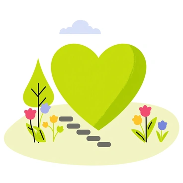 A neatly trimmed bush shaped like a heart is positioned in the center of a vibrant garden. The bush is lush and green, with a smooth, even surface. Surrounding the heart-shaped bush are colorful flowers in various shades, including red, yellow, and blue. The garden has a soft, grassy lawn with a few stepping stones leading up to the bush. In the background, there are small trees with green leaves, adding depth to the scene. A clear blue sky is visible overhead, providing a bright and cheerful atmosphere.
