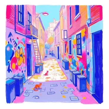 A city alleyway is filled with colorful graffiti murals that cover the brick walls. The murals depict various scenes and characters, featuring bright colors like blue, red, and yellow. The ground is paved with cobblestones, and scattered trash bins sit along the side. There is a fire escape ladder leading up to a second-floor window, and the alley is lit by a single overhead lamp. A small cat is perched on a ledge, observing the vibrant artwork.