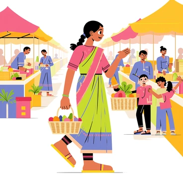 A Bengali girl with dark hair tied in a braid is shopping at a lively rural market. She is wearing a colorful traditional saree with vibrant patterns. In her right hand, she carries a woven basket filled with fresh vegetables and fruits. Surrounding her are various stalls with bright umbrellas, showcasing an array of goods like spices, handmade crafts, and flowers. The scene is filled with people chatting, and children playing nearby, creating a lively atmosphere in the market.