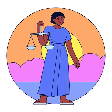 A silhouette of "Themis," the Greek goddess of justice, is depicted against a vibrant sunset. The backdrop features shades of orange, pink, and purple blending seamlessly across the sky. "Themis" stands tall and poised, her figure exuding strength and authority. In one hand, she holds "the scales of justice," balanced evenly. The flowing lines of her robe are visible in the silhouette, accentuating her iconic stance.