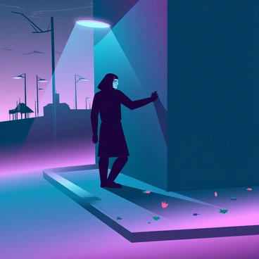 A shadowy figure with indistinct features stands partially concealed behind a street corner, created by deep shadows that obscure its form. The figure is slightly hunched, suggesting a cautious demeanor, with an elongated arm reaching out into the fading light. The scene is set during dusk, with a gradient of deep blue and purple hues in the sky, casting an eerie glow on the quiet street. Streetlights emit a dim, warm light, illuminating the area around the corner while leaving the figure shrouded in darkness. A few fallen leaves are scattered on the ground, reflecting the chill of the evening air.