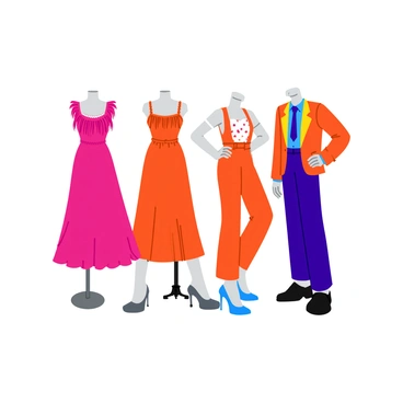 A single mannequin dressed in a collection of fashion styles from different decades. The mannequin's outfit features a 1920s flapper dress with fringes and beads on the top, a 1950s swing dress with a full skirt and polka dots, a 1970s disco-inspired jumpsuit in vibrant colors, and an 1980s power suit with bold shoulders and bright patterns. Each decade's style is distinctly represented, showcasing the fabrics, colors, and designs typical of that era. The mannequin stands on a simple pedestal, highlighting the evolution of fashion through these varied styles.