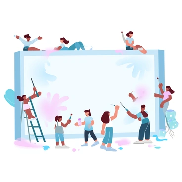 A diverse group of people of all ages is gathered around a large, blank city wall. Children are holding paintbrushes and applying bright colors in various patterns. Teenagers are working together to create intricate designs, while adults are assisting and providing guidance. Some individuals are on ladders, reaching the higher sections of the wall, while others are mixing paints in containers. The mural is gradually coming to life with vibrant shapes and shades. Paint splatters and palettes are scattered on the ground, showcasing the ongoing creative process.