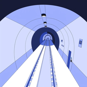 A metro tunnel stretches into the distance, lined with smooth concrete walls. The ceiling is adorned with industrial fixtures, providing a soft glow that casts gentle shadows along the ground. Rail tracks, gleaming under the dim light, run parallel down the middle of the tunnel. On the walls, there are subtle signs denoting directions and station names, while small maintenance access doors are positioned at intervals. The atmosphere is calm, with no trains currently in sight, emphasizing the tunnel's emptiness at night.