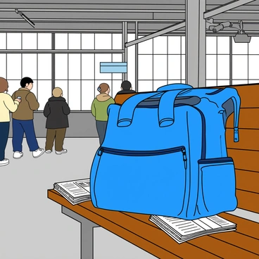 A bright blue sac-à-dos resting on a wooden bench. The sac-à-dos has multiple pockets and a large zipper, and it is slightly bulging, indicating it is packed. In the background, there are blurred figures of people moving about, some waiting and others checking their phones. The station features large windows allowing light to pour in, and there are metal beams and signs in the environment. A few scattered newspapers lie on the bench next to the sac-à-dos, adding to the busy atmosphere of the train station.