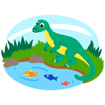 An iguanodon with green scales stands at the edge of a clear pond, its large, curious eyes focused on the colorful fish swimming below the water's surface. The iguanodon's long tail rests on the ground, and its three-fingered hands are slightly raised as if reaching out towards the fish. Lush greenery surrounds the pond, with vibrant ferns and tall grass framing the scene. The surface of the pond reflects the blue sky above, while ripples are created by the movements of the fish beneath.