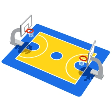 An aerial view of a vibrant basketball court featuring bright yellow and blue lines and markings. The court is surrounded by a smooth wooden floor, with clear three-point arcs and a center circle prominently displayed. The basketball hoops are positioned at each end, showcasing their sturdy construction with a net hanging down. Sunlight casts shadows across the court, highlighting the vivid colors and creating a dynamic visual effect.
