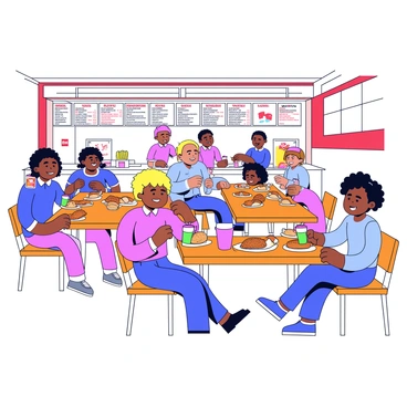 A busy KFC restaurant during lunchtime. Several customers are seated at wooden tables, enjoying their meals, which include fried chicken, biscuits, and sides. Some customers are chatting animatedly while others are focused on their food. The walls feature red and white decor, adding a vibrant touch to the atmosphere. A couple of children are sitting at a table with colorful drinks, grinning as they share their food. The counter in the background displays an array of menu items, and a staff member is seen serving a customer at the register.