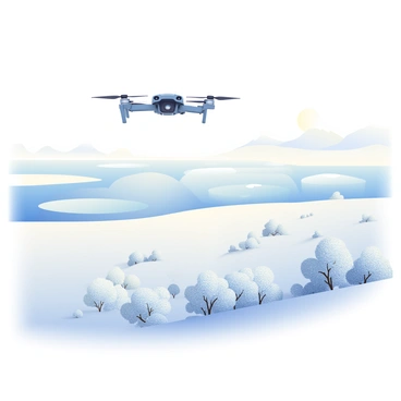 A drone is gliding smoothly over a vast snow-covered landscape. Below, the ground is blanketed in fresh, white snow that sparkles in the light. There are clusters of trees covered in icy branches, their surfaces glistening with frost. In the distance, several lakes are visible, their surfaces frozen and shimmering under the cold sun. The sky is a clear, pale blue, creating a striking contrast with the white terrain below. The drone, sleek and modern, hovers steadily as it captures the pristine beauty of the winter scene.