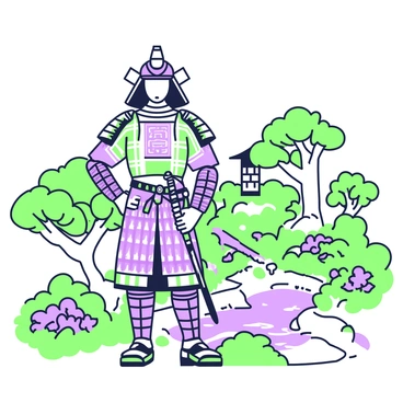 A samurai in traditional armor is standing tall in a Japanese garden. The armor is intricately detailed with various patterns and textures, showcasing its craftsmanship. The samurai's posture is strong and proud, with one hand resting on the hilt of a katana sheathed at his side. Surrounding him, the garden is filled with carefully pruned bonsai trees and vibrant flowers, creating a serene atmosphere. In the background, a small stone lantern is partially obscured by lush greenery, adding to the tranquil setting. A gentle stream can be seen winding through the garden, reflecting the natural beauty of the scene.