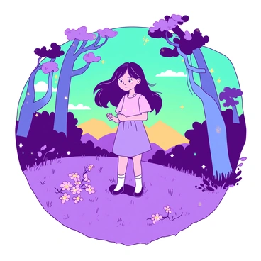 A girl with flowing hair stands at the center of a fantastical dreamland, surrounded by whimsical landscapes. The ground is covered in vibrant purple grass, shimmering softly under the light. Delicate flowers in shades of pink bloom around her feet, their petals gently swaying in an unseen breeze. In her hands, she holds a small matchstick, its glow casting warm yellow light across her face and illuminating her features. Nearby, towering trees with blue trunks stretch toward the sky, dotted with sparkling yellow leaves. The sky above is a gradient of colors, transitioning from deep teal to soft orange, creating a surreal atmosphere over the enchanting scene.