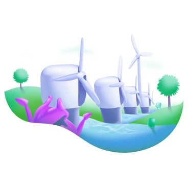 A modern pastel illustration depicting a row of "hydroelectric turbines" aligned along a riverbank. The turbines are designed with sleek, metallic surfaces reflecting the sunlight. In the foreground, "lush greenery" includes vibrant green grass and various plants, adding to the natural ambiance. The river flows gently beside the turbines, its clear water glistening under the sunlight. In the background, a few trees with leafy canopies are visible, enhancing the overall scene of harmony between technology and nature.