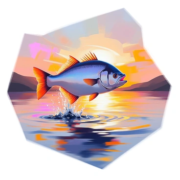A halibut leaping out of the water, its body glistening in the sunlight. The fish is creating a splash as it breaks the surface, sending droplets scattering in the air. The backdrop features a vibrant sunset, with hues of orange, pink, and purple spreading across the sky. The water below reflects these colors, creating a dynamic interaction between the fish and its environment. Silhouettes of distant hills can be seen on the horizon, framing the scene.