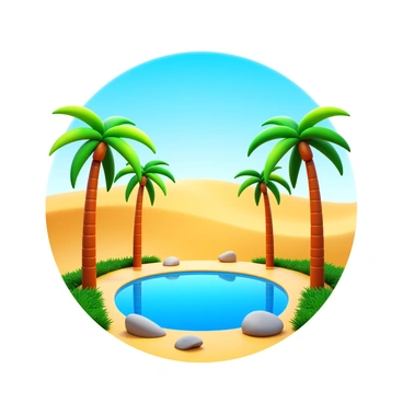 A desert oasis featuring several tall palm trees swaying in the breeze. The oasis includes a crystal-clear pool reflecting the sunlight. Surrounding the pool are smooth stones and patches of lush green grass. In the background, gentle sand dunes rise under a bright blue sky.