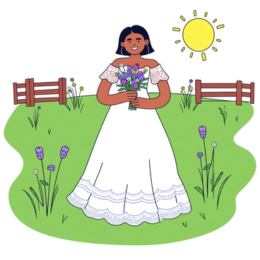A bride stands in a rustic country setting surrounded by green grass and wildflower fields. She is wearing an elegant lace dress that cascades down to the ground, featuring intricate patterns along the sleeves and hem. In her hands, she holds a bouquet filled with a mixture of colorful wildflowers, including daisies and lavender. The sun is shining, creating a warm and inviting atmosphere, and there are wooden fences and a hint of a barn in the background.