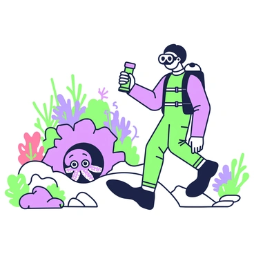 A diver is exploring an underwater scene, surrounded by vibrant coral formations. The diver is wearing a wetsuit, mask, and fins, and has a flashlight in hand. In front of him, a curious octopus is peeking out from its den, partially hidden among the rocks. The octopus has its eyes wide open, showcasing a sense of curiosity. Surrounding the den are various colorful coral structures and small marine creatures, adding to the richness of the underwater environment. The diver and the octopus share a moment of intrigue in this lively ocean setting.