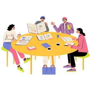 A group of five artists gathered around a round wooden table, each one engaged in sharing illustration ideas. Two artists, a woman with curly hair and a man with glasses, are leaning over a large open sketchbook filled with colorful drawings. Another artist, wearing a beanie, is holding a cup of coffee while showing a small notebook with doodles. The fourth artist, with long straight hair, is animatedly gesturing as they explain their concept. The last artist, wearing a plaid shirt, is jotting down notes on a notepad. Various sketchbooks and coffee cups are scattered across the table, creating a vibrant and creative atmosphere.