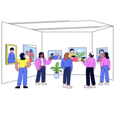 An elegant art gallery with white walls and polished wooden floors. The walls are adorned with various colorful paintings in different frames. Several people of diverse backgrounds are standing and admiring the artwork, some discussing a piece while others are quietly observing. Soft lighting illuminates the gallery, highlighting each painting. A small potted plant is placed in a corner, adding a touch of greenery to the space.