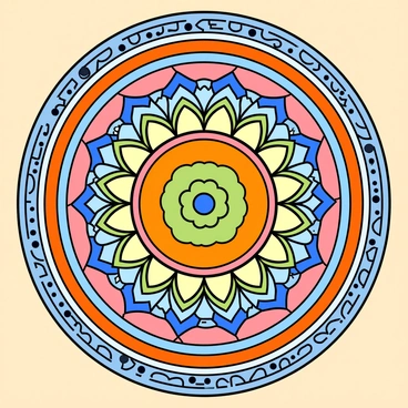 A large circular mandala pattern fills the center of the image. The mandala consists of numerous layers of intricate geometric shapes and curves, each section displaying a harmonious blend of bright and pastel colors, such as pinks, blues, yellows, and greens. The outer edges of the mandala are detailed with floral motifs and swirling designs, creating a vibrant and lively aesthetic. Each segment of the mandala is filled with unique patterns, including dots, lines, and symmetrical shapes, enhancing the overall complexity of the design. The background is a soft, neutral tone, allowing the vivid colors of the mandala to stand out prominently.