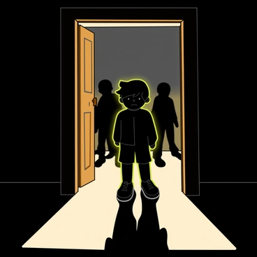 A silhouette of a child standing in a doorway, with shadows looming behind them