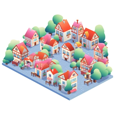 A 3D map showcasing an old town center is prominently displayed. The map features winding cobblestone streets, intricately designed to reflect the historical essence of the area. Surrounding the streets are quaint houses with varied architectural styles, including timber framing and colored facades. Each house has small windows adorned with flower boxes, and some have little chimneys. Green trees are scattered throughout the map, providing a touch of nature. Market stalls and benches can be seen along the streets, adding to the lively atmosphere of the town center.