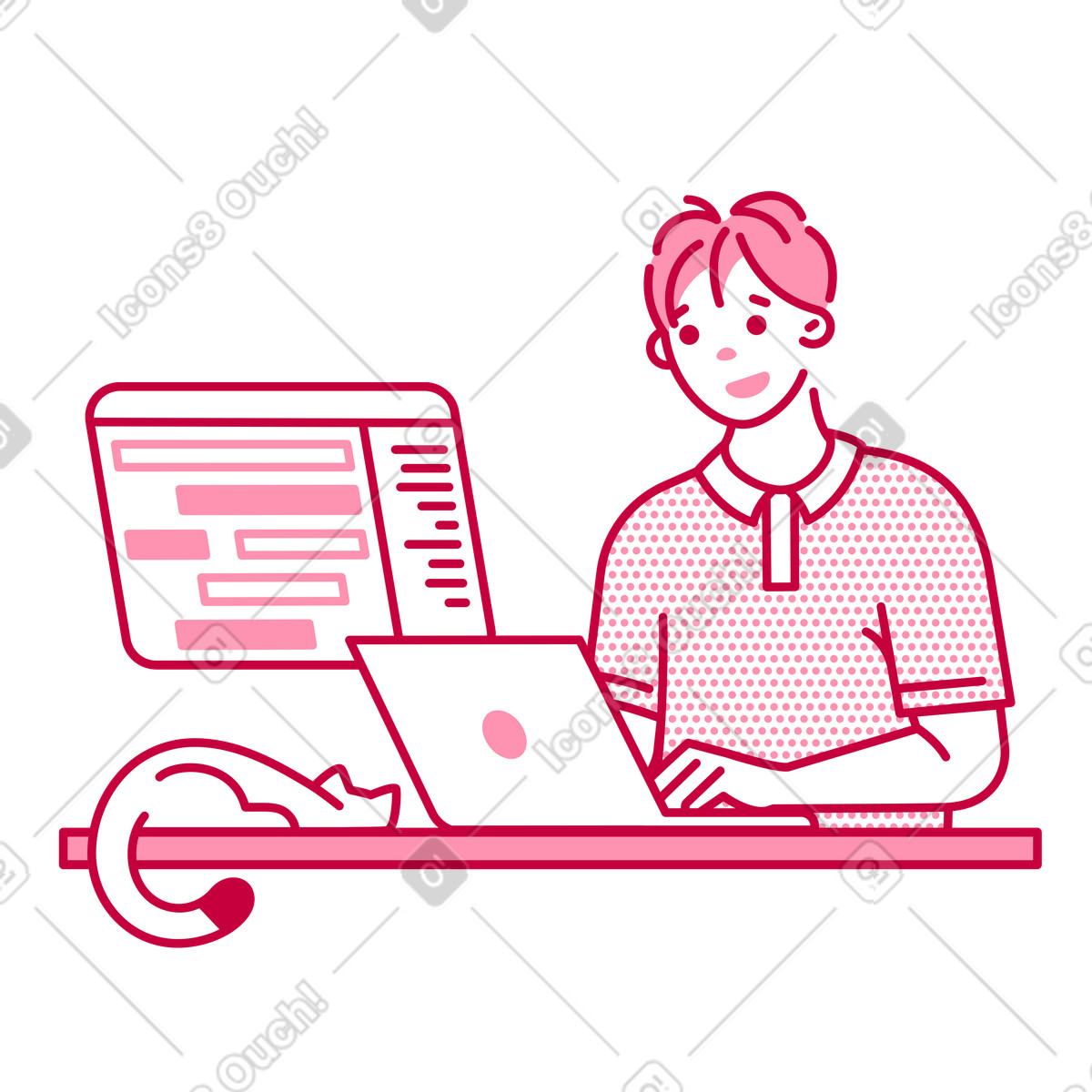Programmer working remotely with cat by his side animated illustration in GIF, Lottie (JSON), AE