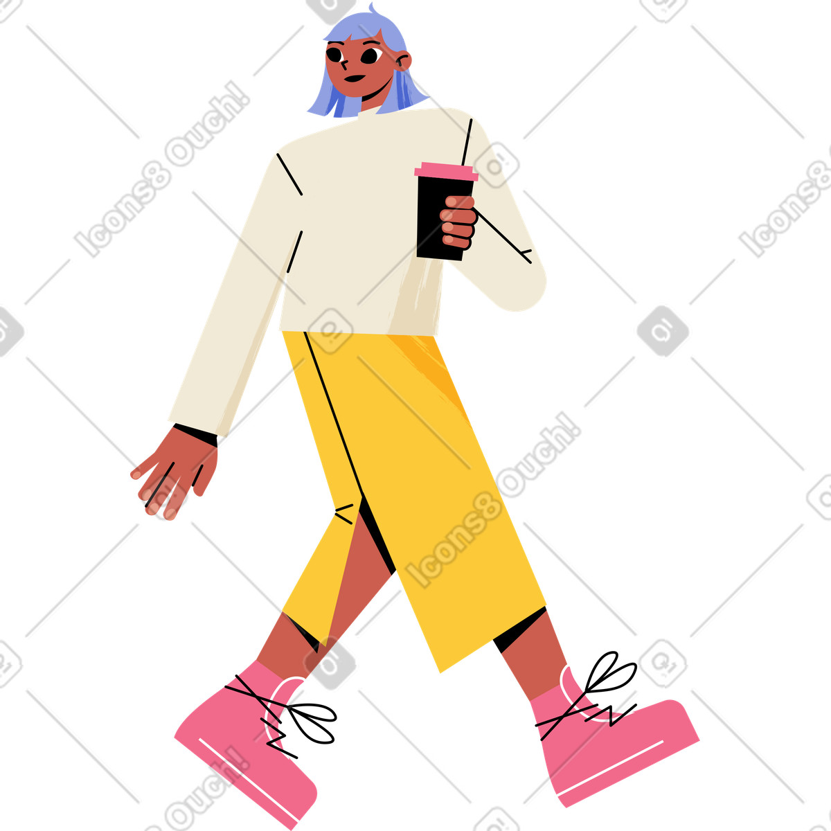 Illustration Walking woman with a cup of coffee dans le style Juicy à télécharger aux formats PNG, SVG