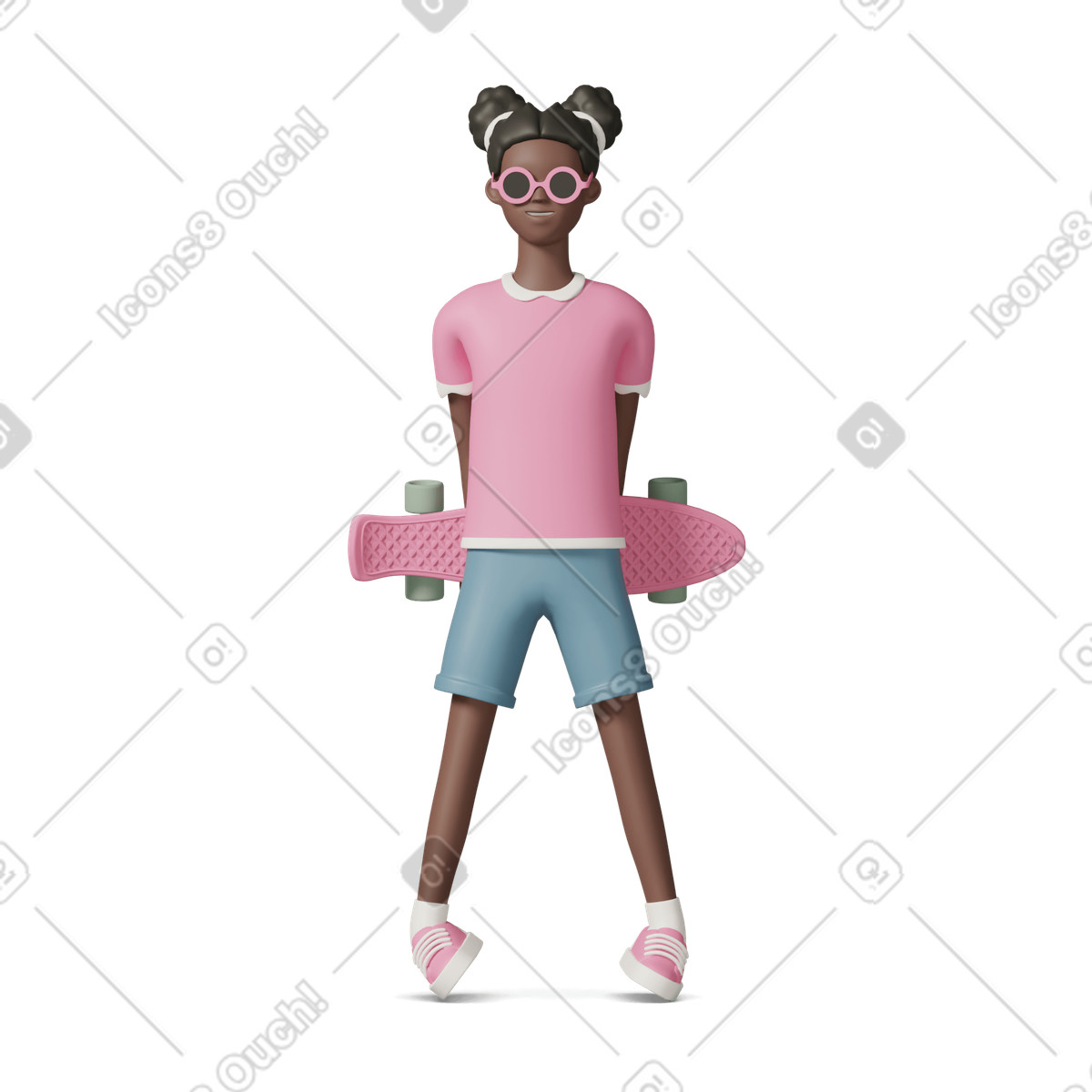 Ilustración Girl in sunglasses standing with skateboard behind back en estilo 3D Casual life a descargar en PNG y SVG