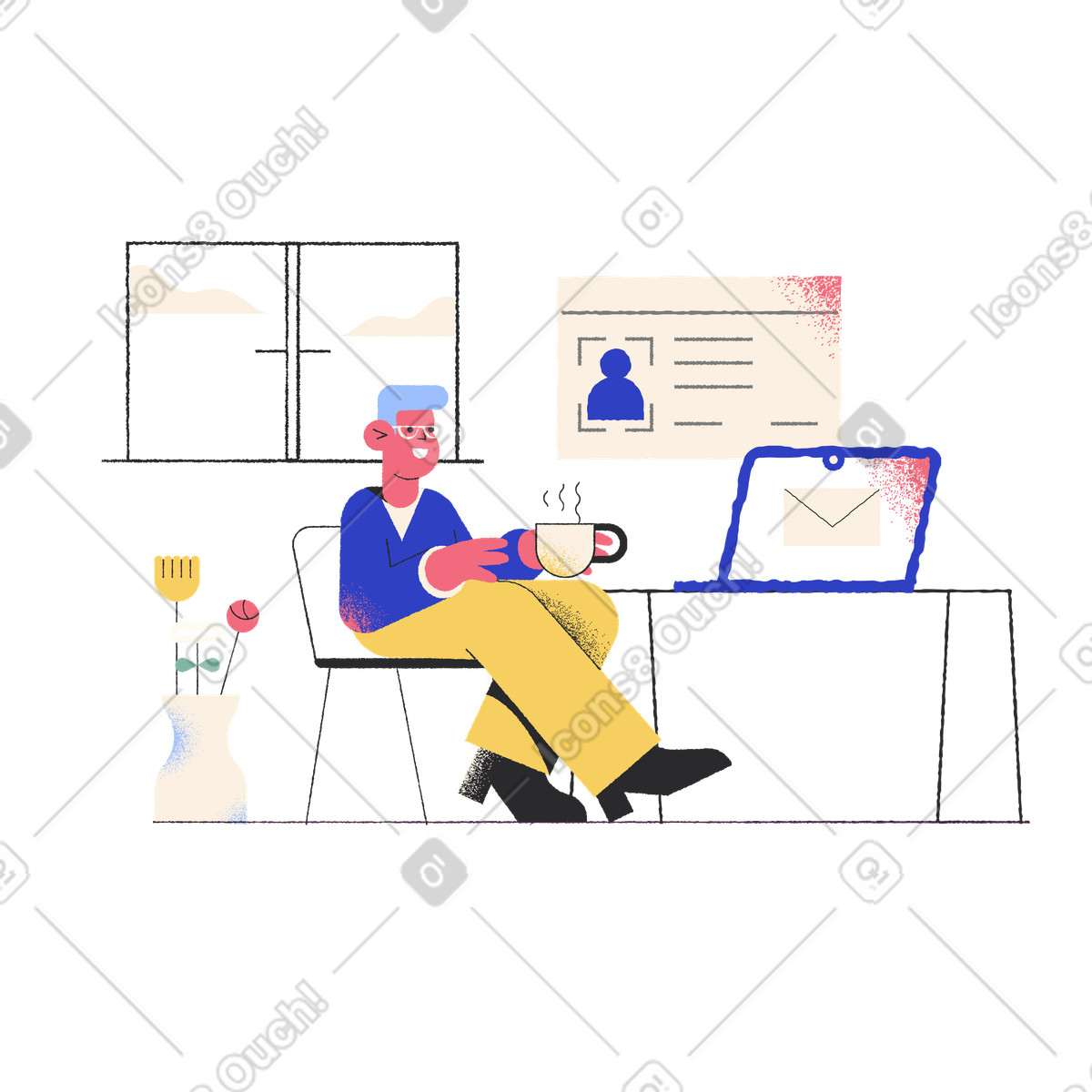 Remote worker sitting at desk with laptop and coffee mug, home office environment illustration in Pablo style download in PNG, SVG