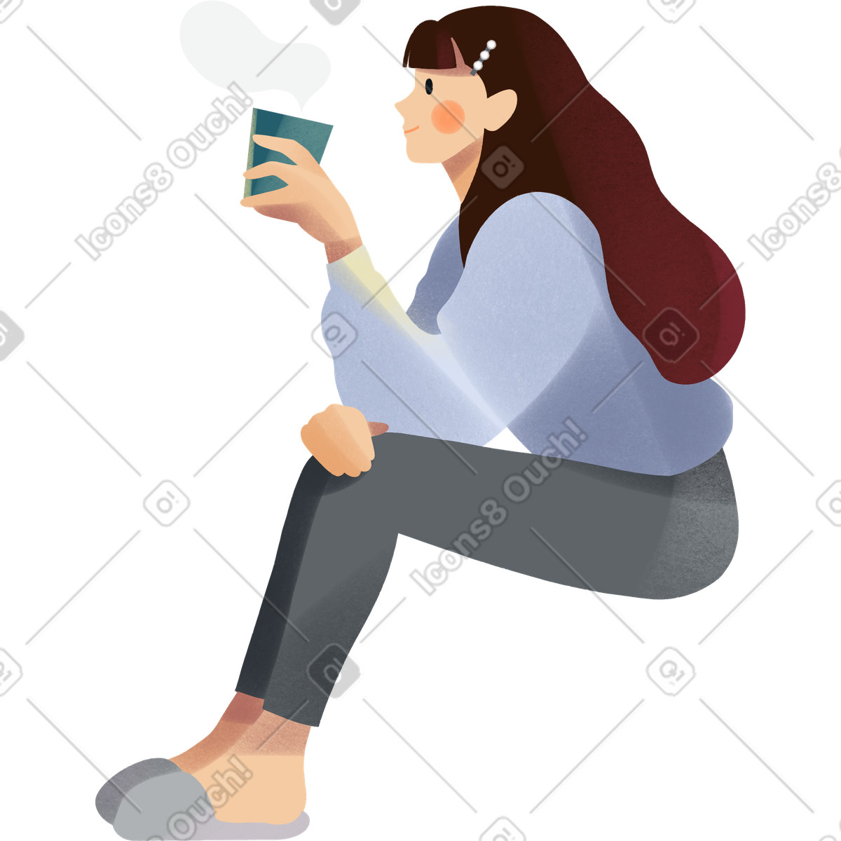 Illustration Young woman sitting and drinking tea dans le style Shine à télécharger aux formats PNG, SVG