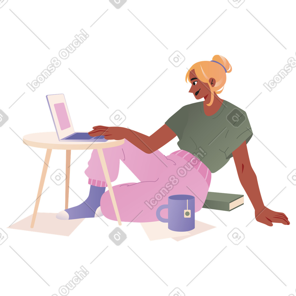 Illustration animée Femme assise sur le sol travaillant à distance avec un ordinateur portable dans style Coworking télécharger aux formats GIF, Lottie (JSON), AE