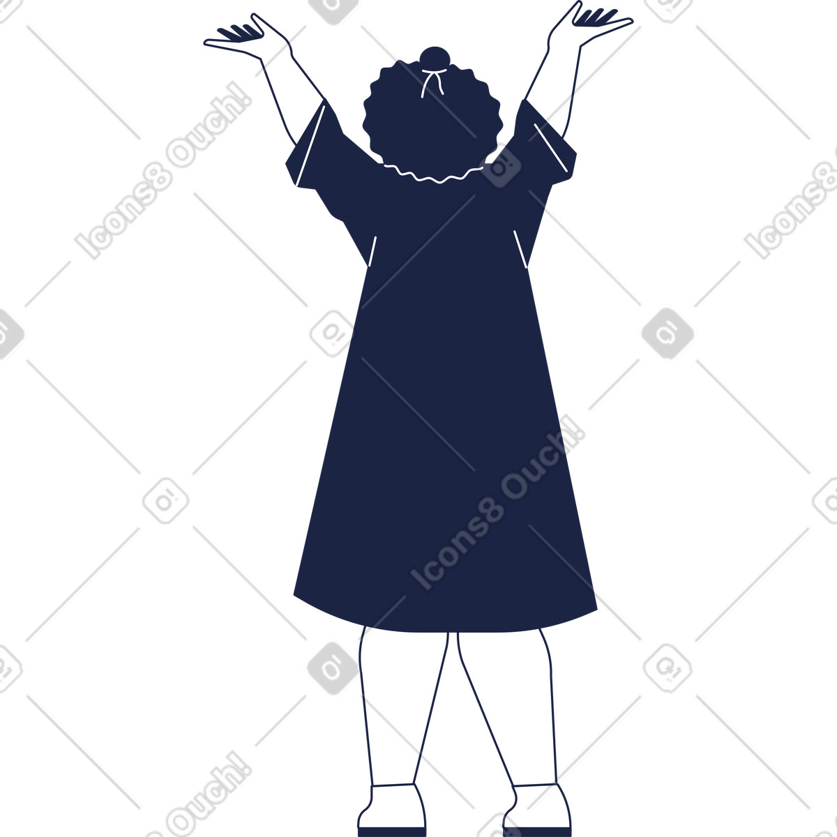 Illustration Une fille diplômée aux cheveux afro en robe se tient les mains levées dans le style Urban Line à télécharger formats PNG, SVG