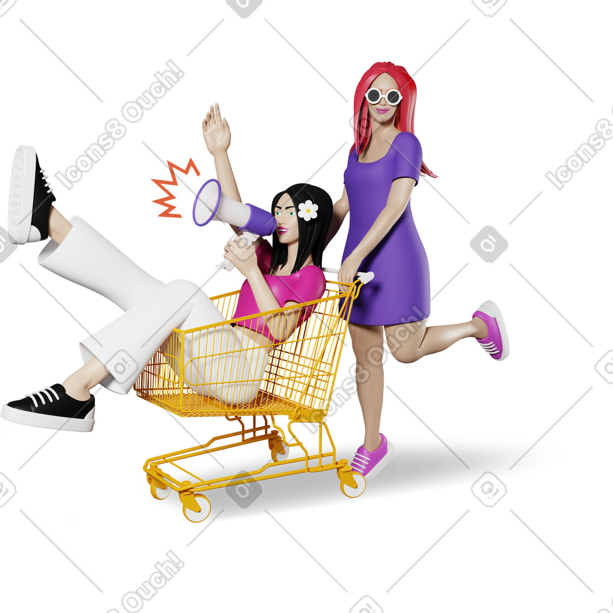 Donne con carrello della spesa e altoparlante che scherzano illustrazione in stile 3D Plastic people scarica in PNG, SVG