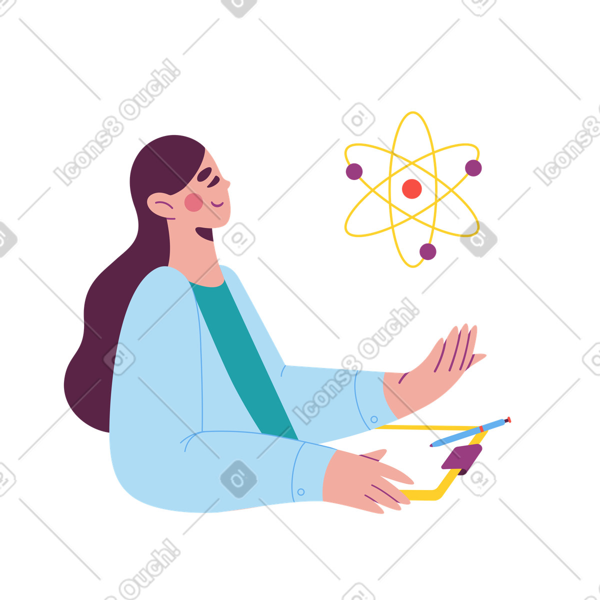 Scientist analyzing atom model, Physics research or chemistry education-Illustration im Sammy-Stil als Download in PNG, SVG