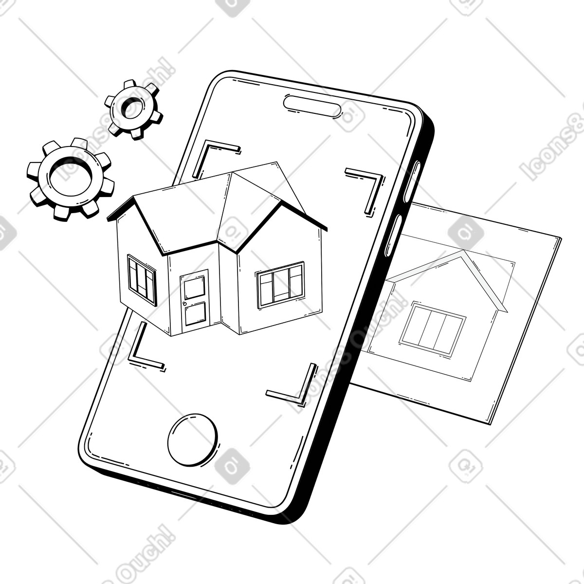 Ilustración animada Casa de realidad aumentada en el teléfono, visualización del hogar y puesta escena virtual estilo 3D Techny Line a descargar GIF, Lottie (JSON), AE