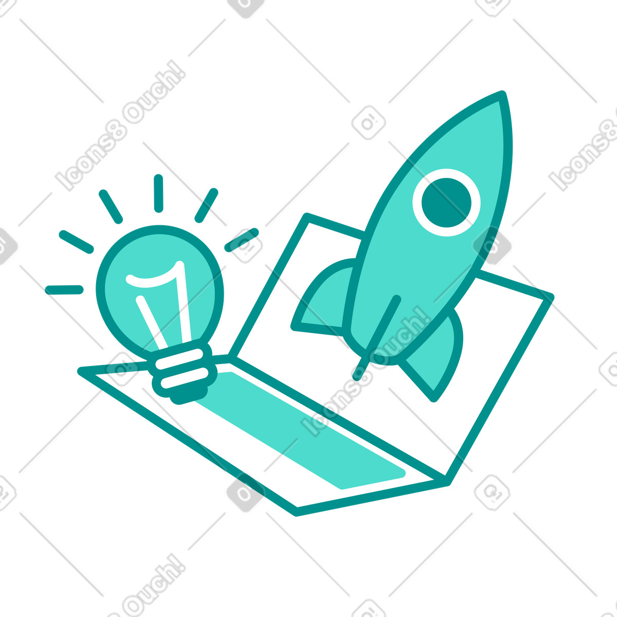 Project launching with rocket, laptop and bulb illustration in PNG, SVG