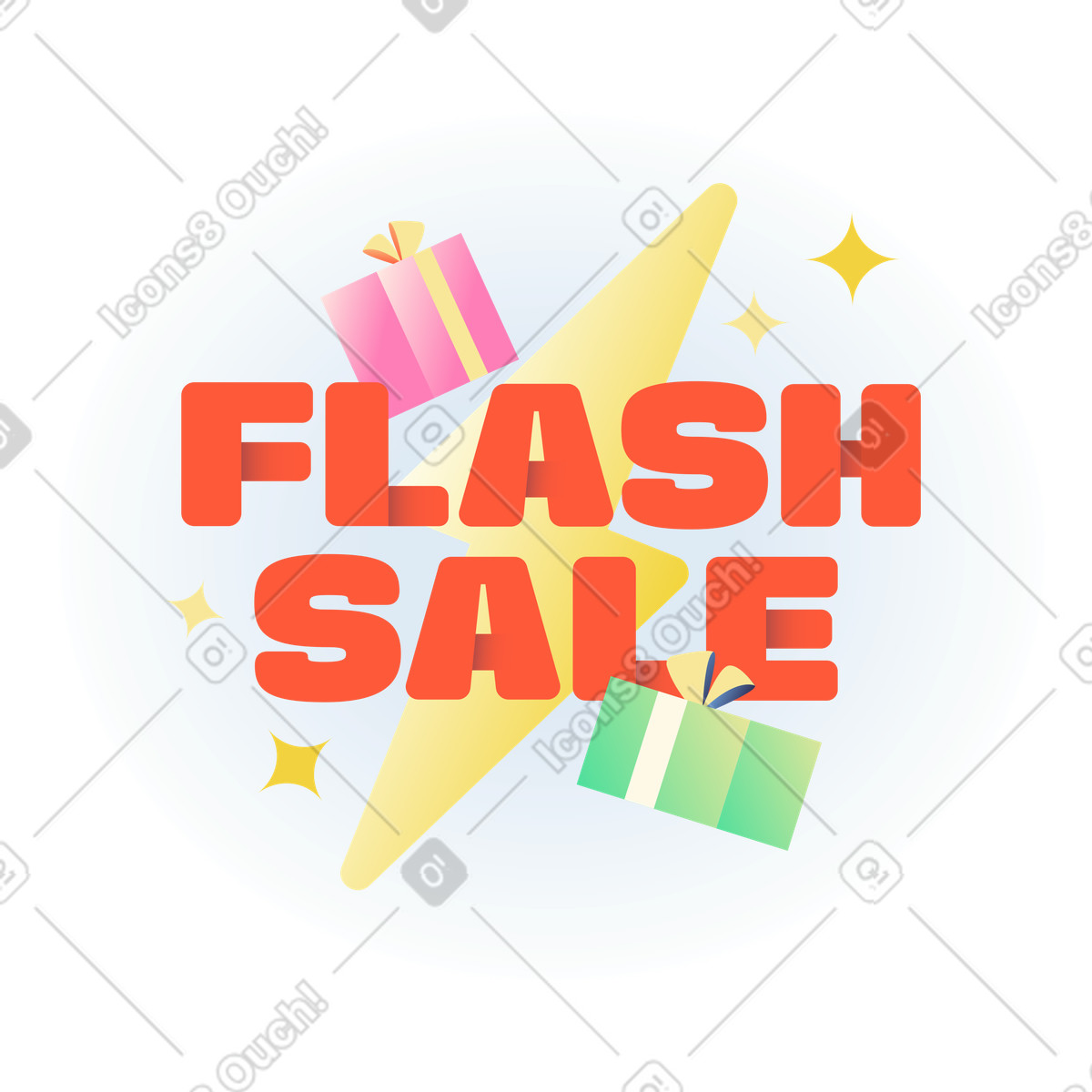 Ilustración Venta flash de letras con regalos y texto estrellas. en estilo Beam a descargar en PNG SVG
