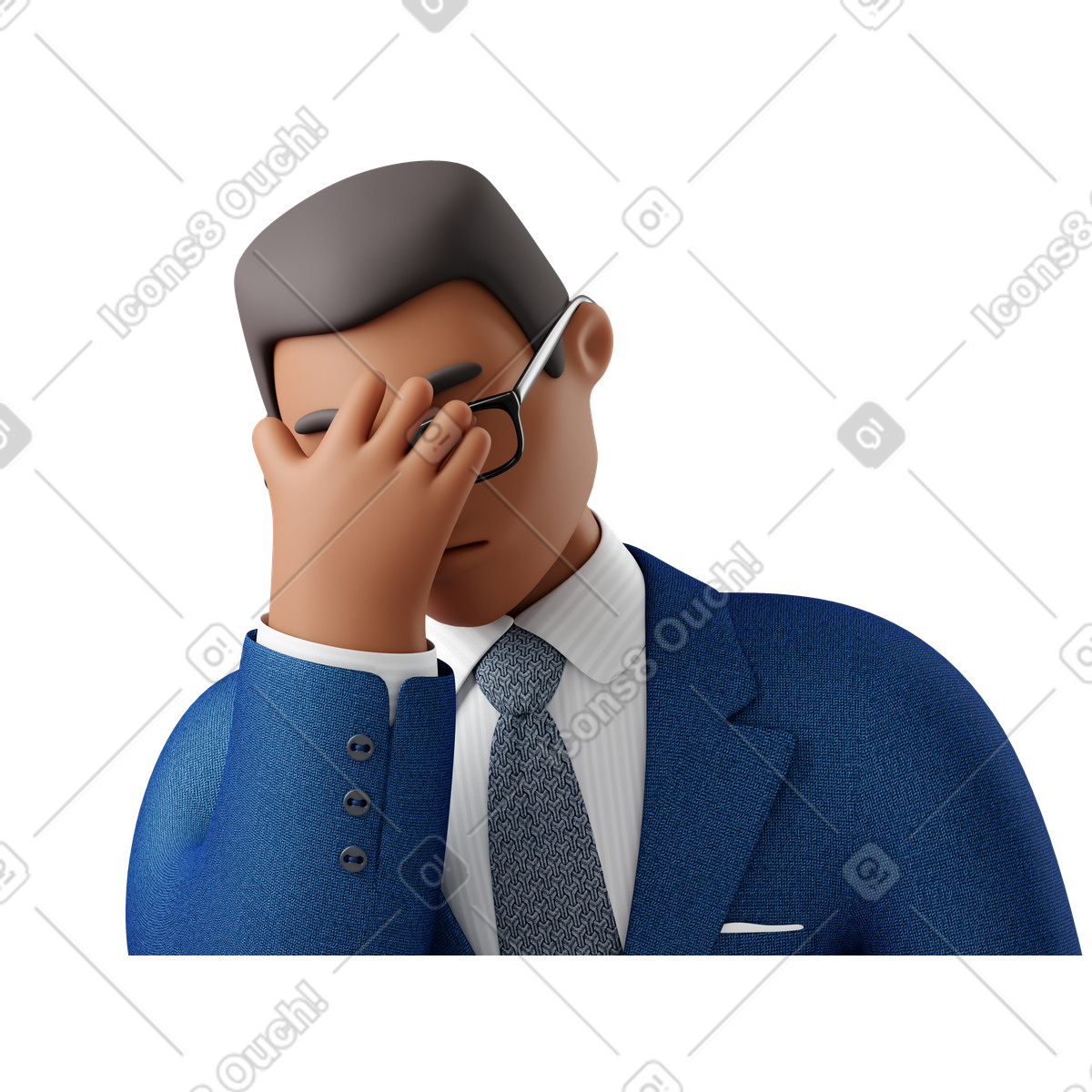 下载 3D Business 风格的 Close up of black businessman in blue suit facepalming 插画，支持 PNG、SVG 格式