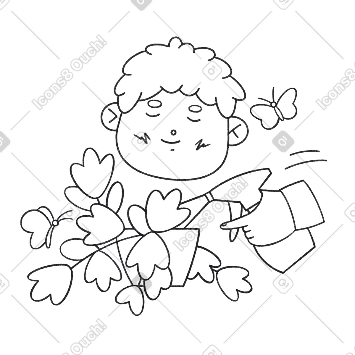Child taking care of houseplant, Understanding and studying nature illustration in Bonbon Line style download in PNG, SVG