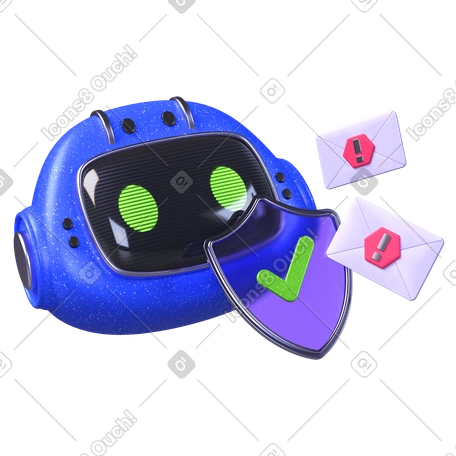 3D Robot alimenté par l'ia analysant les e-mails, détection automatisée des menaces par e-mail, protection de la boîte de réception numérique et contrôle du spam PNG, SVG