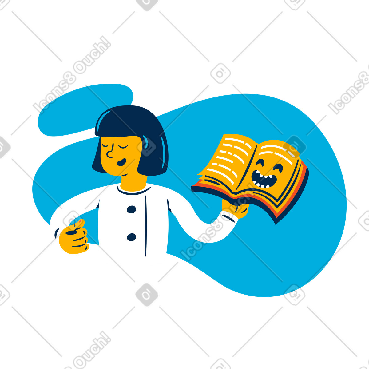 Woman reading a funny book illustration in Flame style download in PNG, SVG