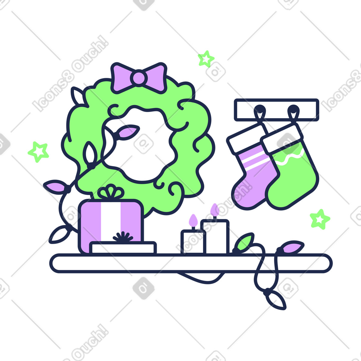 Christmas wreath with stockings, candles, and gifts, Holiday home decorations animated illustration in Outline style download in GIF, Lottie (JSON), AE