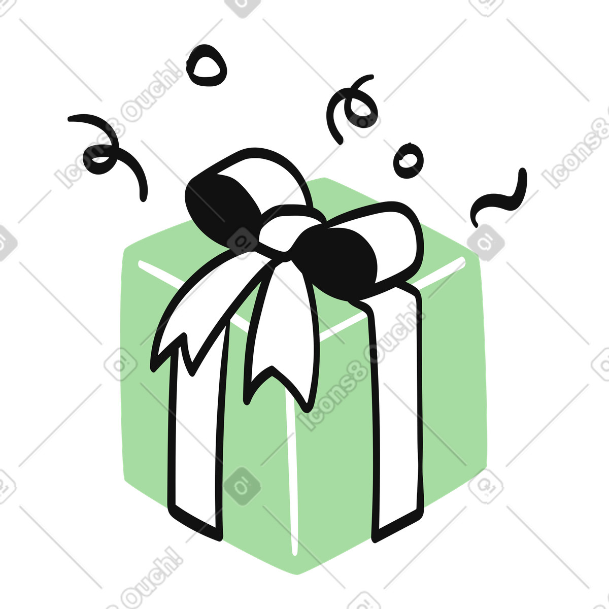 Gift box with large ribbon bow and celebration confetti swirls-Illustration im Organic-Stil als Download in PNG, SVG
