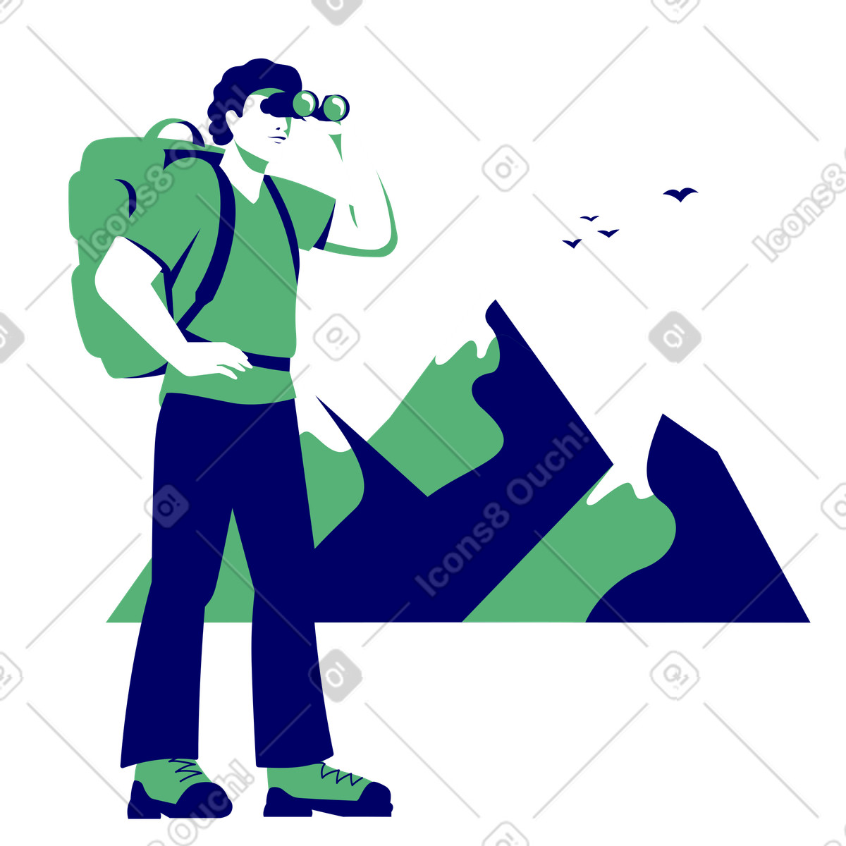 Tourist searching for something in the mountains illustration in PNG, SVG