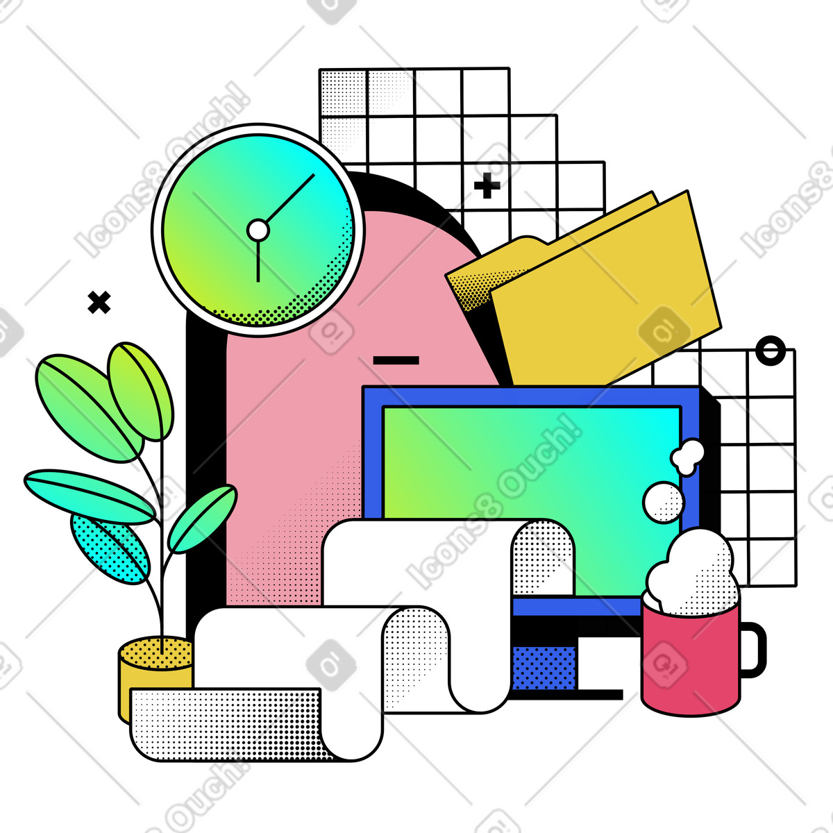 Ilustração de Monitor computador, relógio e pasta no escritório em estilo Memphis para baixar em PNG, SVG