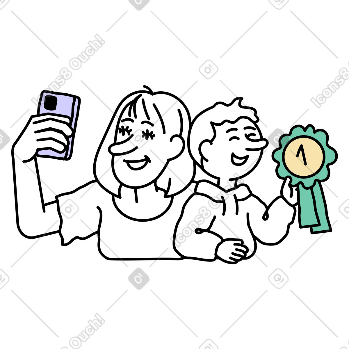 Donna e suo figlio che si fanno selfie con un premio illustrazione in stile Notes scarica in PNG, SVG