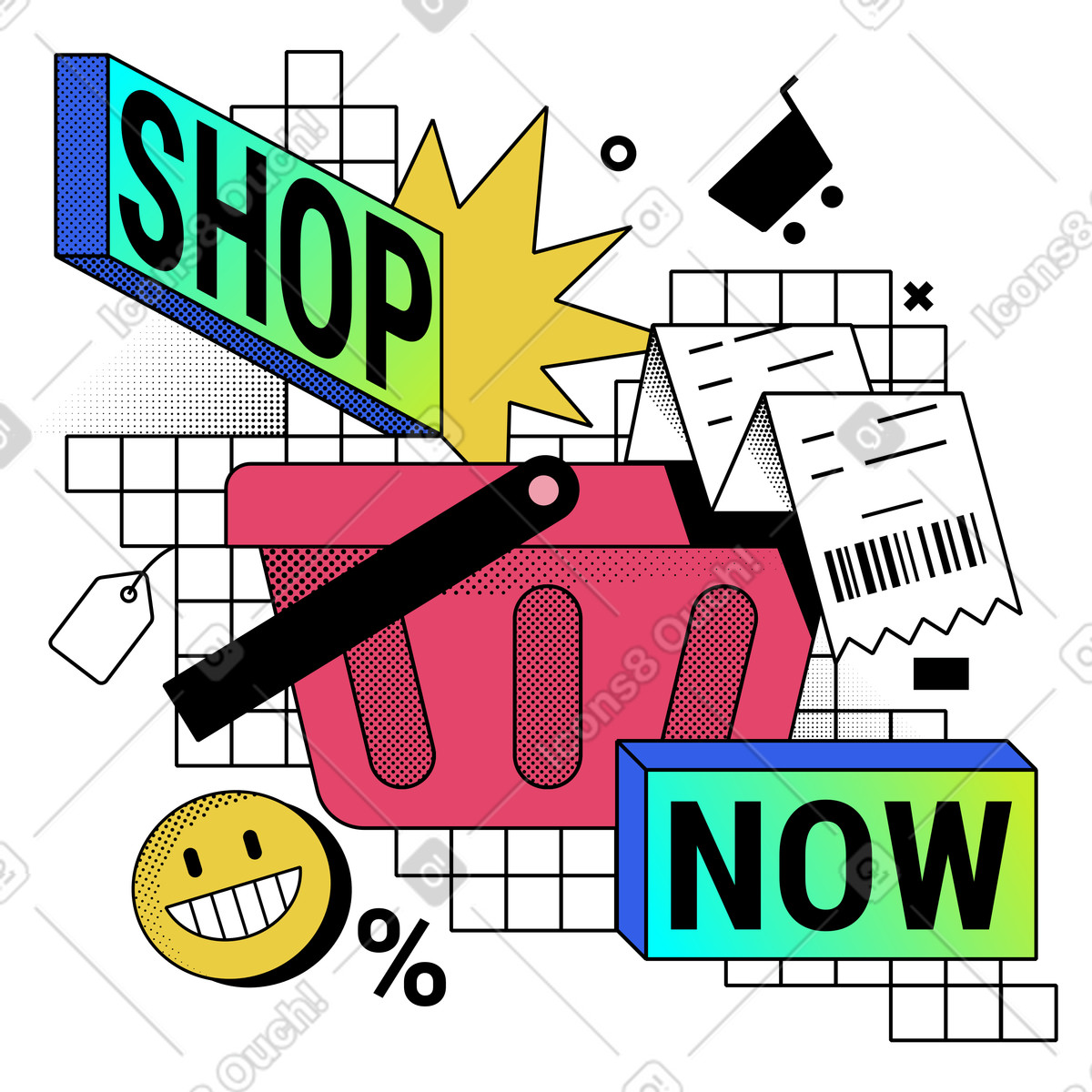 Carrello e ricevuta per lo shopping illustrazione in stile Memphis scarica in PNG, SVG