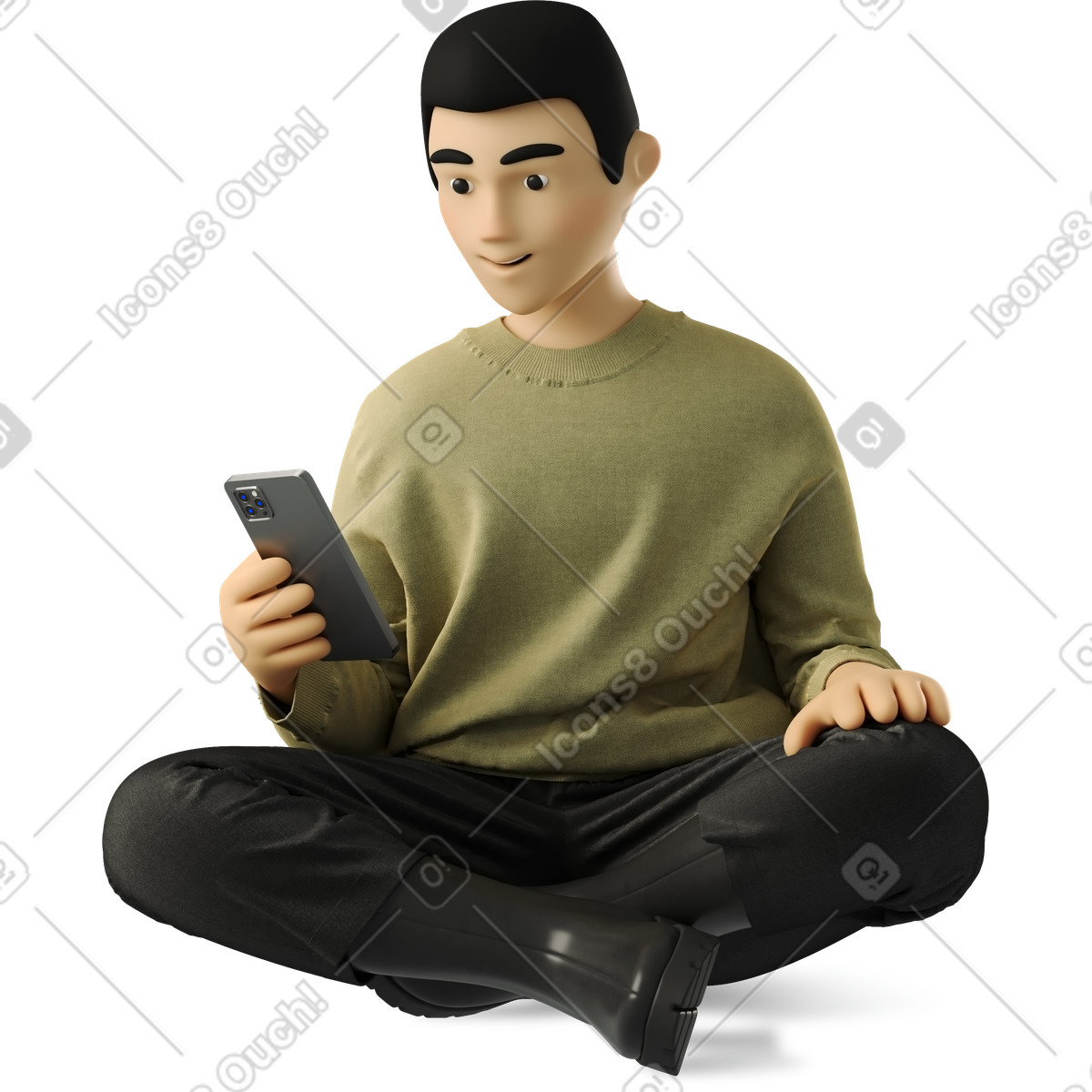 Illustration Jeune homme asiatique assis avec les jambes croisées du smartphone dans le style 3D Business à télécharger aux formats PNG, SVG